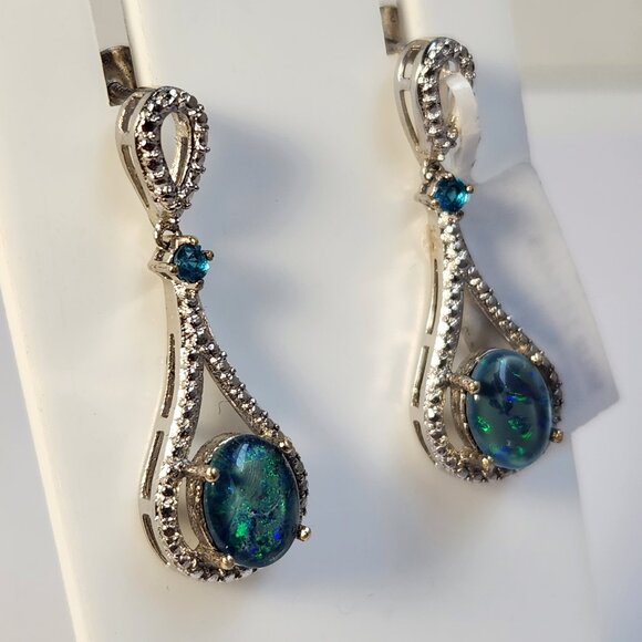 NWT 925 Natural Blue Ridge Opal Triplet & Apatite Art Deco Style Stud Earrings - Picture 6 of 14